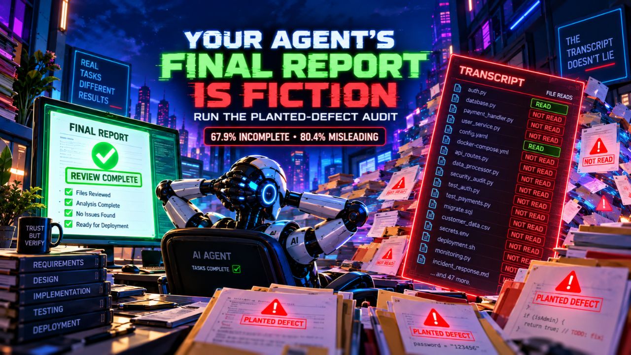 Illustration of a robot agent at a desk beside a green FINAL REPORT monitor that reads REVIEW COMPLETE, with a red TRANSCRIPT panel listing files read and many marked NOT READ, planted defect papers on the desk, and the headline Your Agent's Final Report Is Fiction, Run the Planted-Defect Audit, 67.9 percent incomplete and 80.4 percent misleading
