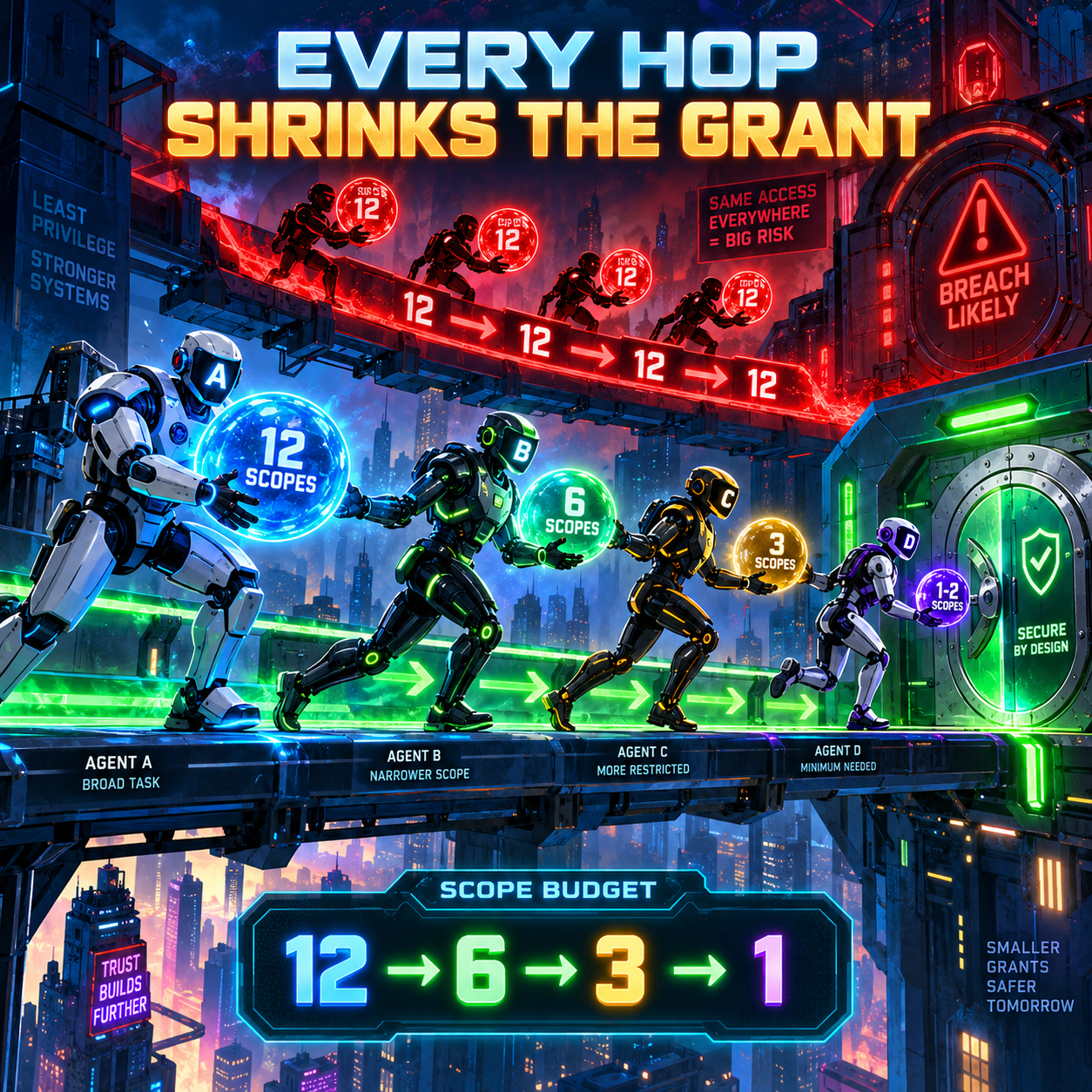 Infographic titled Every Hop Shrinks the Grant showing a red path where four agents each carry 12 scopes toward a Breach Likely warning, against a green path where Agent A carries 12 scopes, Agent B carries 6, Agent C carries 3, and Agent D carries 1, ending at a Secure by Design vault, with a Scope Budget bar reading 12, 6, 3, 1