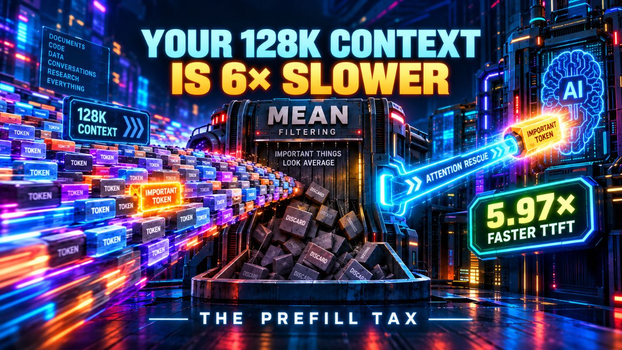 Infographic titled Your 128K Context Is 6x Slower showing a Mean Filtering machine discarding grayed token blocks while a glowing important token is pulled free by an attention rescue arrow toward a 5.97x faster TTFT sign, beneath the banner The Prefill Tax.