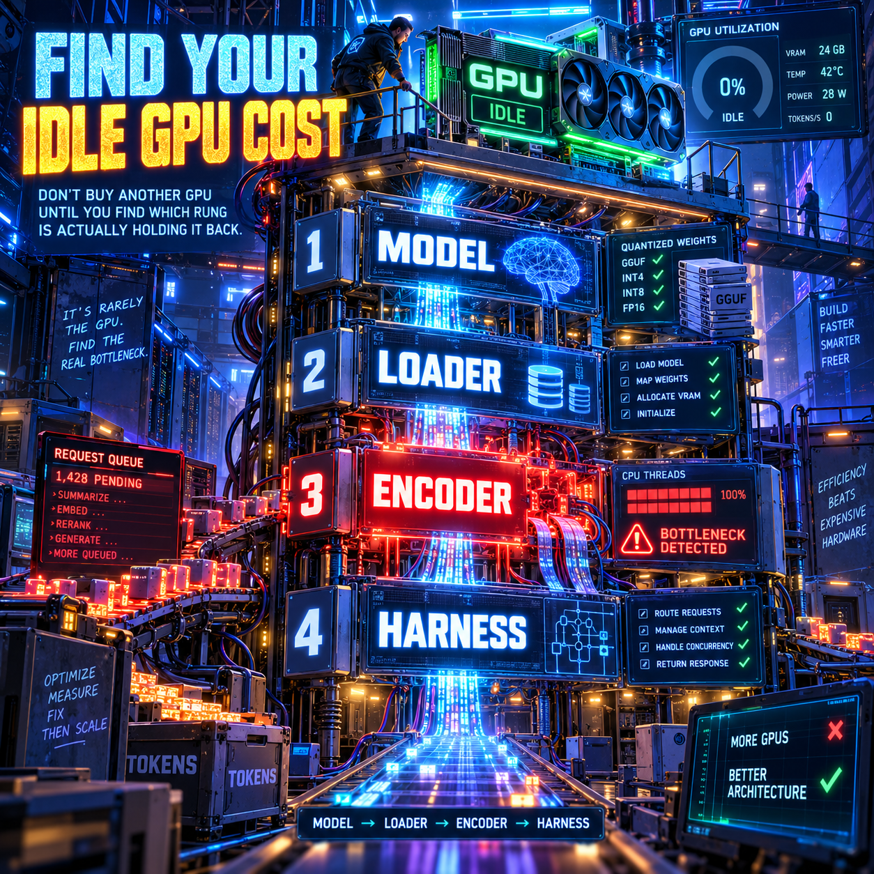 Infographic titled Find Your Idle GPU Cost showing a four-rung ladder labeled Model, Loader, Encoder, and Harness, with the Encoder rung highlighted in red as the bottleneck and a GPU panel reading 0 percent utilization, GPU idle
