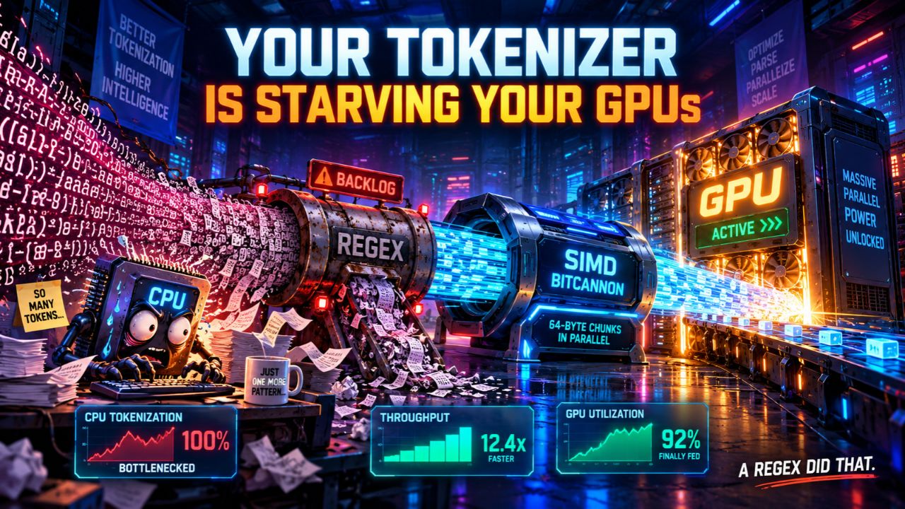 Illustration titled Your Tokenizer Is Starving Your GPUs showing a panicked CPU firing paper tokens into a REGEX backlog machine and a SIMD BITCANNON that feeds a GPU, with panels reading CPU Tokenization 100 percent bottlenecked, Throughput 12.4x faster, and GPU Utilization 92 percent finally fed