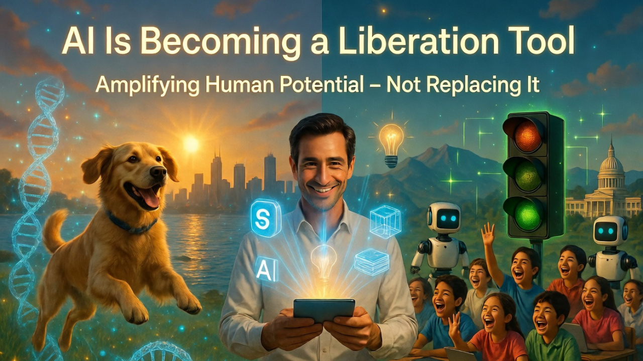 AI as liberation - human hands reaching toward digital light representing amplified human agency