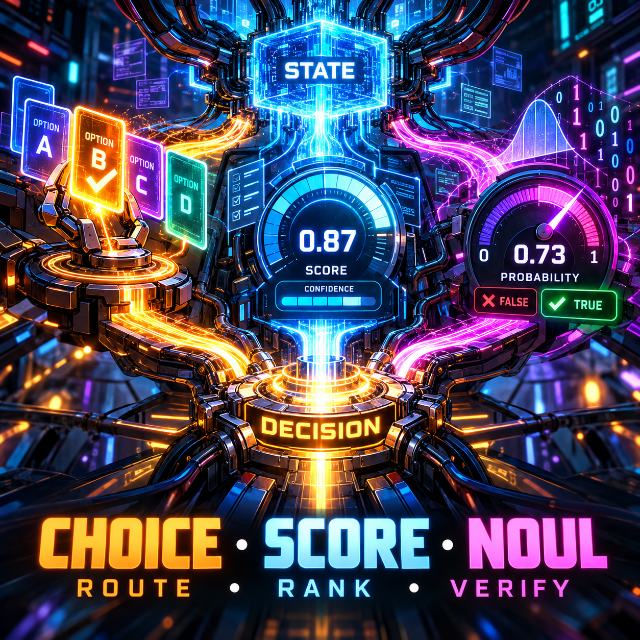 Decision engine diagram showing a state input feeding the Choice, Score, and Noul primitives, with a 0.87 score, a 0.73 probability gauge, and route, rank, and verify outputs