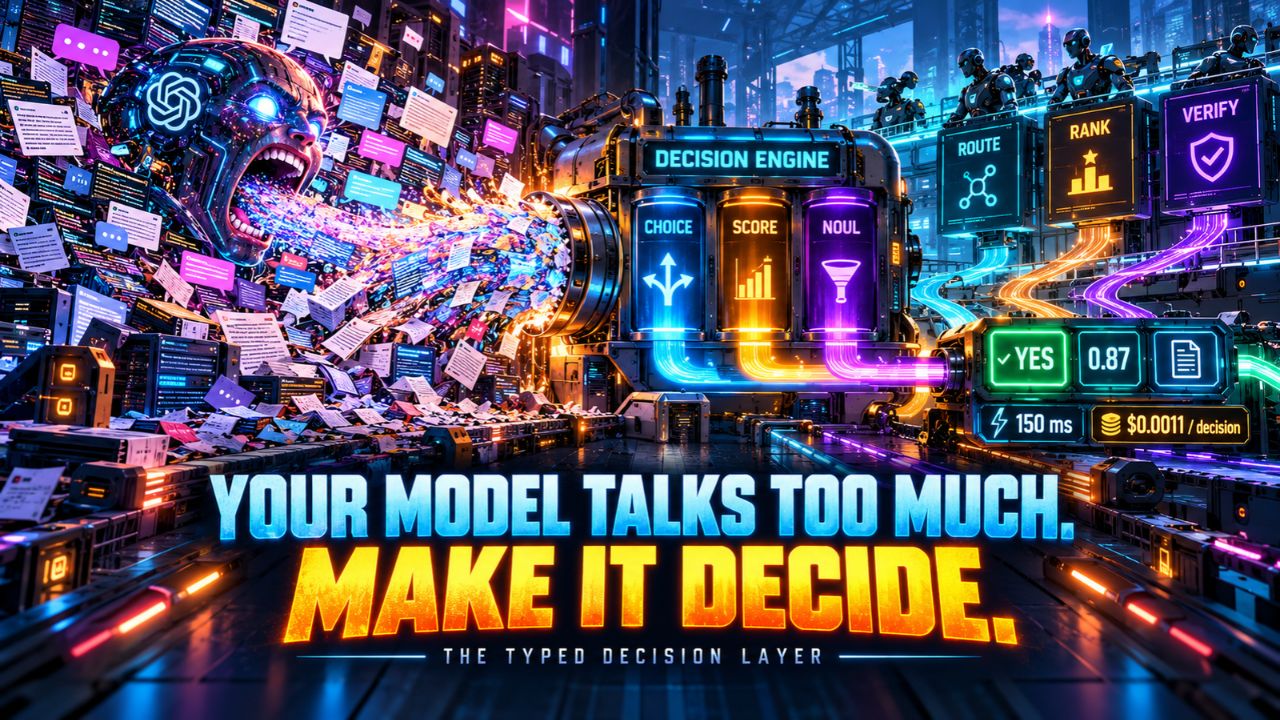 Illustration titled Your Model Talks Too Much, Make It Decide showing a screaming AI head firing paper documents into a DECISION ENGINE with Choice, Score, and Noul chambers, and output panels reading Yes, 0.87, 150 ms, and $0.0011 per decision
