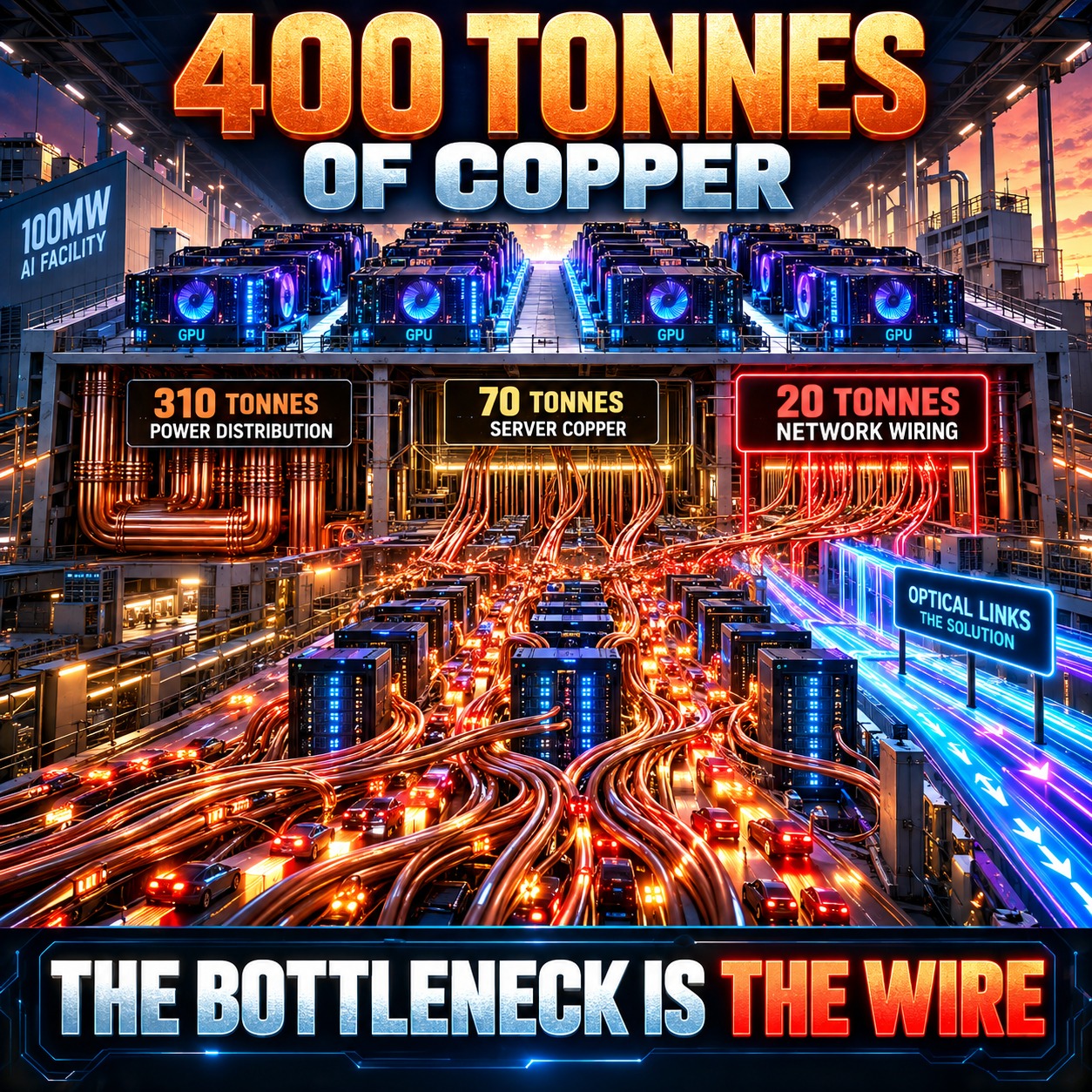 Infographic of a 100MW AI facility showing 400 tonnes of copper split into power distribution, server copper, and network wiring, with optical links labeled as the solution