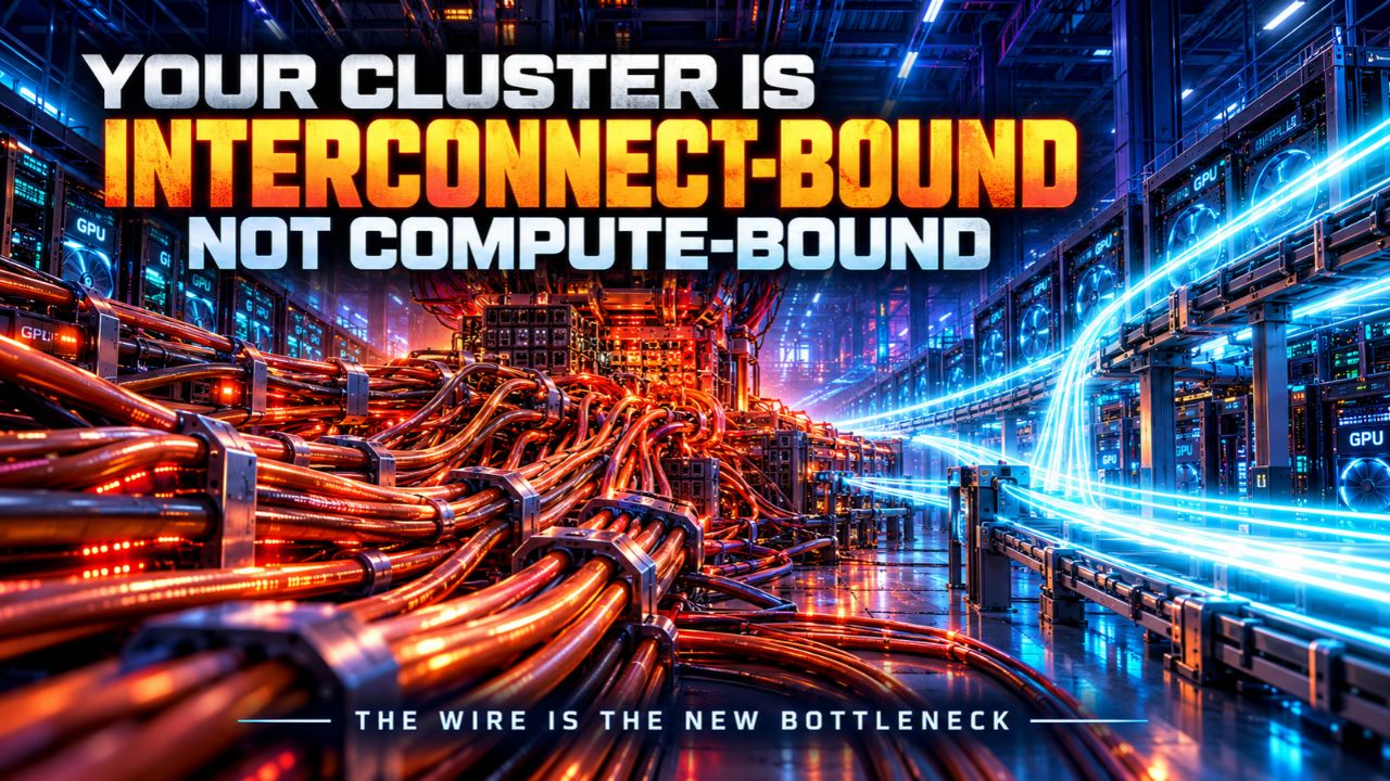 Dark data center aisle with glowing copper cabling on the left and blue optical link light trails on the right, titled Your Cluster Is Interconnect-Bound Not Compute-Bound