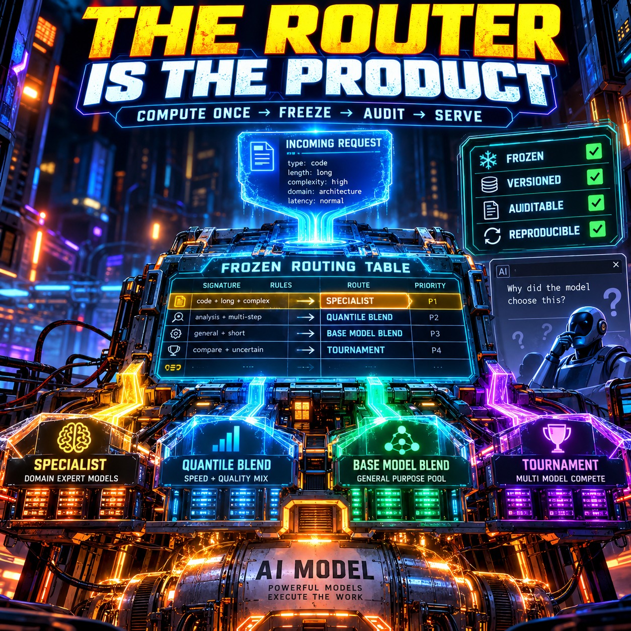 Infographic titled The Router Is the Product showing an incoming request fed into a frozen routing table that routes to a specialist, a quantile blend, a base model blend, or a tournament, with frozen, versioned, auditable, and reproducible checks beside it