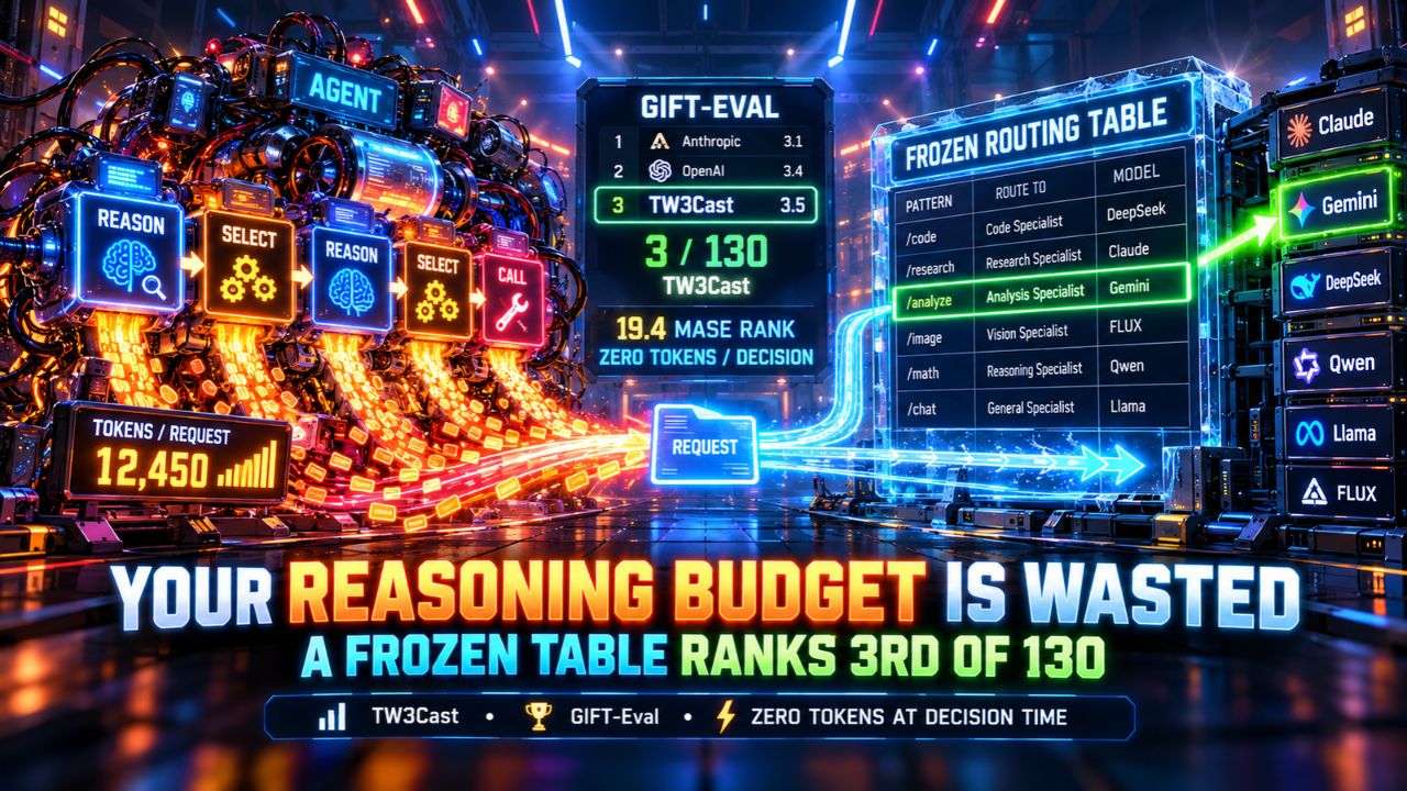 Dark futuristic control room with a burning agent reasoning pipeline on the left, a GIFT-Eval leaderboard showing TW3Cast third of 130 in the center, and a glowing frozen routing table on the right, titled Your Reasoning Budget Is Wasted, a frozen table ranks 3rd of 130