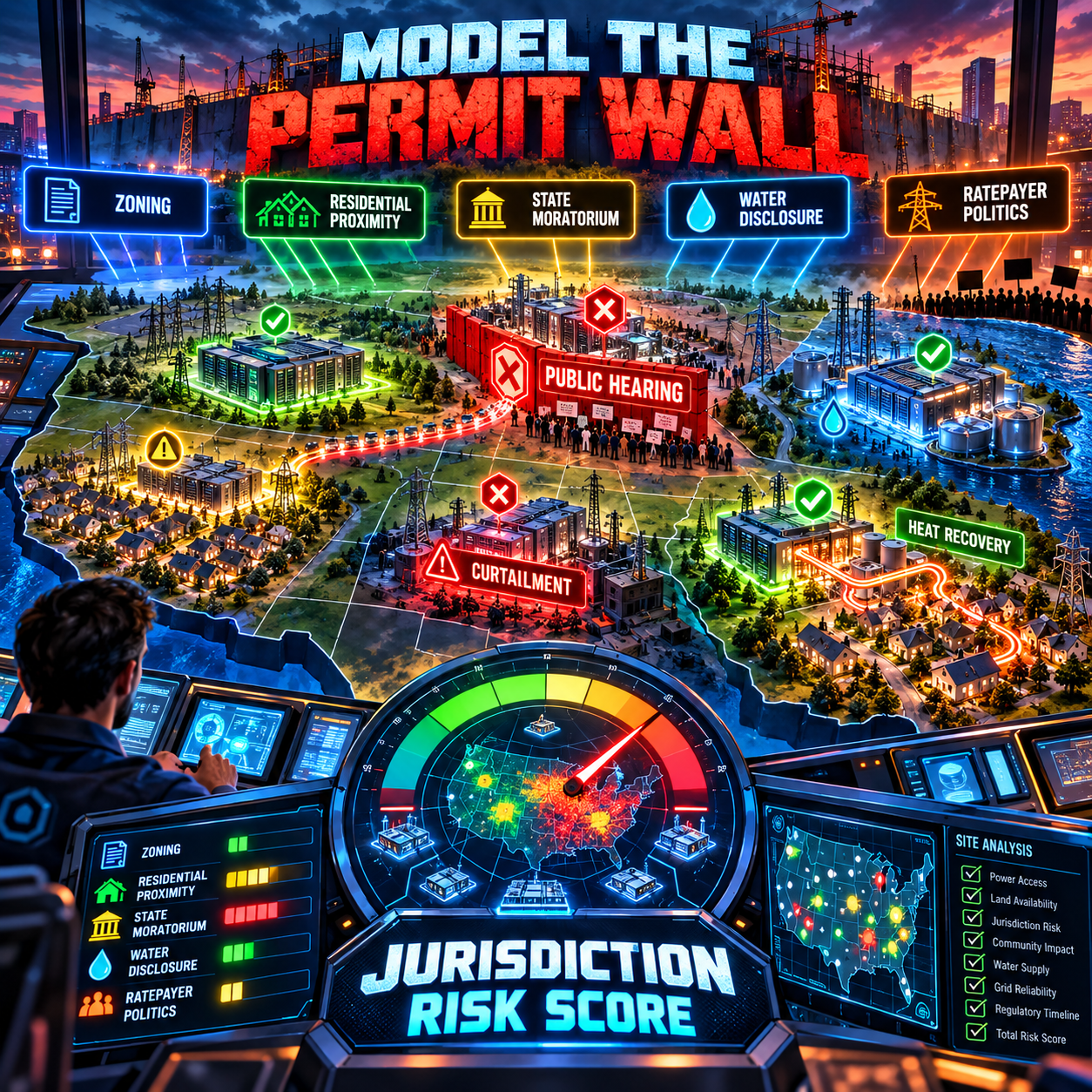 Infographic titled Model the Permit Wall showing five Jurisdiction Risk Score inputs labeled zoning, residential proximity, state moratorium, water disclosure, and ratepayer politics, over a map with a public hearing, a curtailment site, and a heat recovery site, plus a risk-score gauge and a site analysis checklist