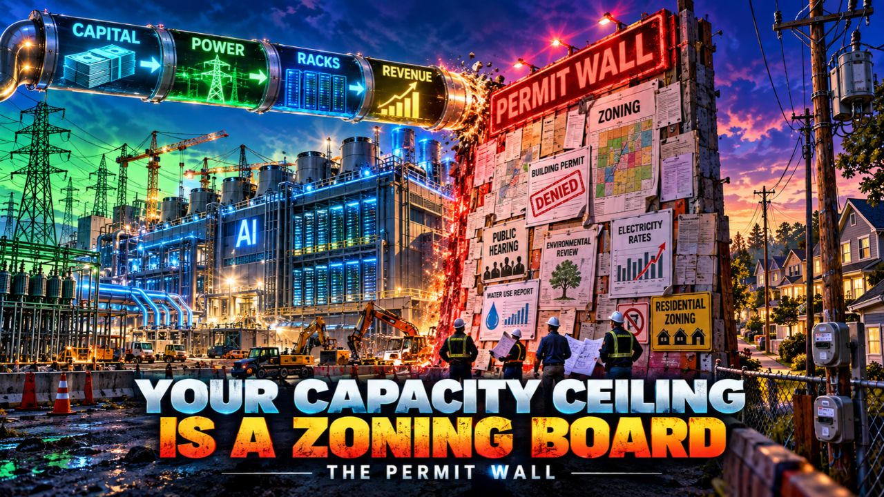 Illustration of a pipeline labeled capital, power, racks, and revenue crashing into a red Permit Wall covered in zoning, building permit, water use, and public hearing notices, beside an AI data center, power lines, and homes, titled Your Capacity Ceiling Is a Zoning Board