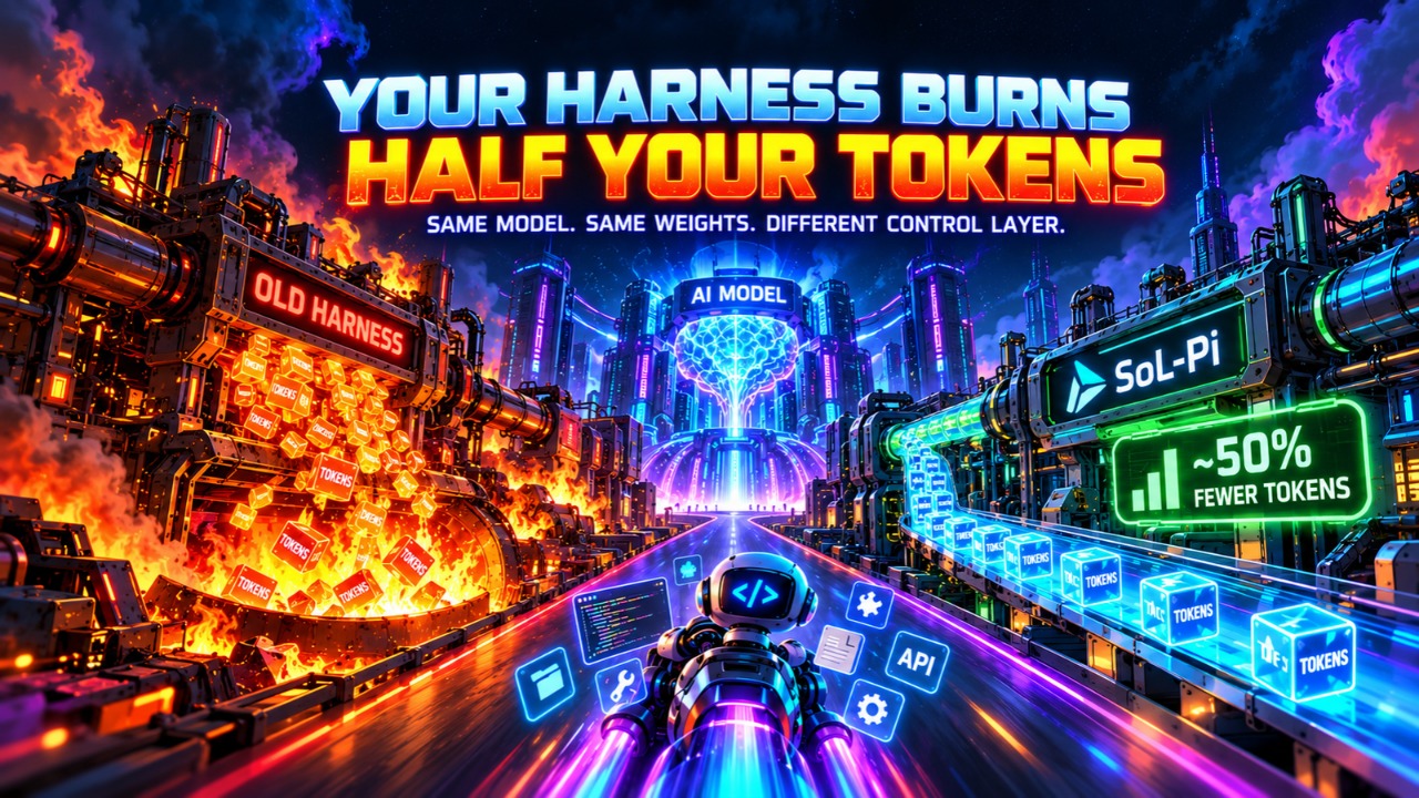 Illustration titled Your Harness Burns Half Your Tokens showing an Old Harness burning tokens on the left while a SoL-Pi control layer routes tokens to an AI Model on the right, with a 50 percent fewer tokens counter and the line Same model. Same weights. Different control layer.