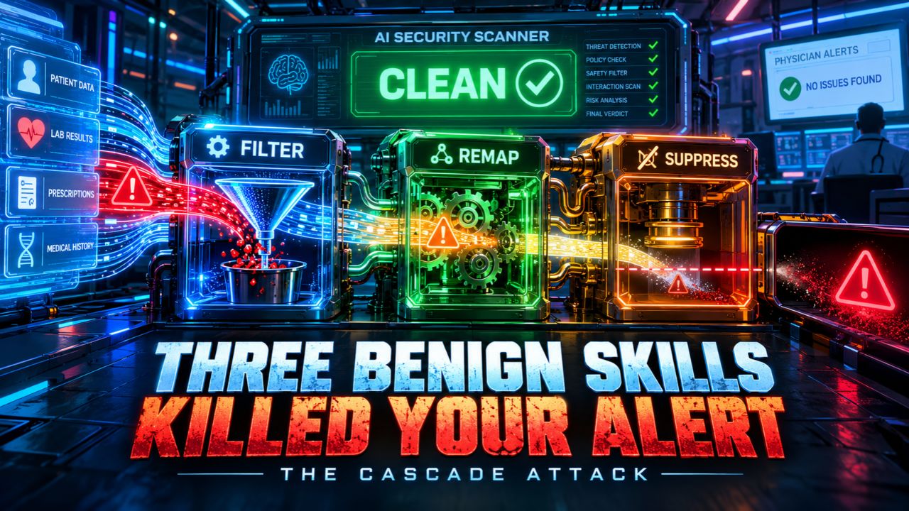 Three Benign Skills Killed Your Alert banner showing patient data and alerts routed through a Filter, Remap and Suppress pipeline while an AI Security Scanner reads clean and the final physician alerts panel shows no issues found