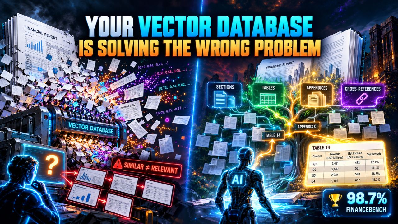 Split illustration titled Your Vector Database Is Solving the Wrong Problem, showing a vector database scattering document chunks under a warning that similar is not relevant, beside a glowing tree index linking sections, tables, appendices, and cross-references to a Table 14 and a 98.7 percent FinanceBench trophy.