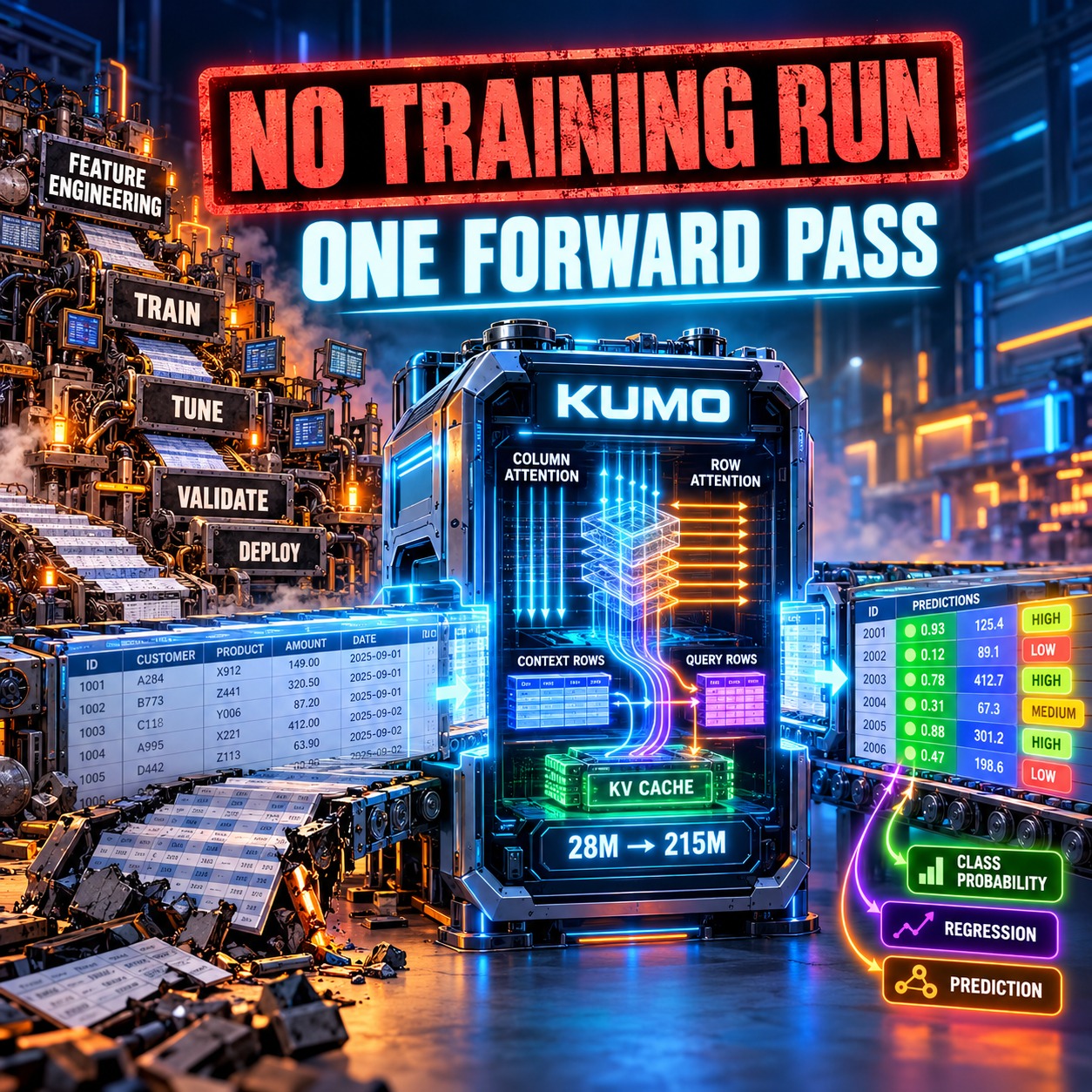 A KUMO model block labeled No Training Run, One Forward Pass, showing column attention and row attention routing labeled context rows and query rows through a KV cache to class probabilities, regression, and predictions, with the parameter range 28M to 215M.