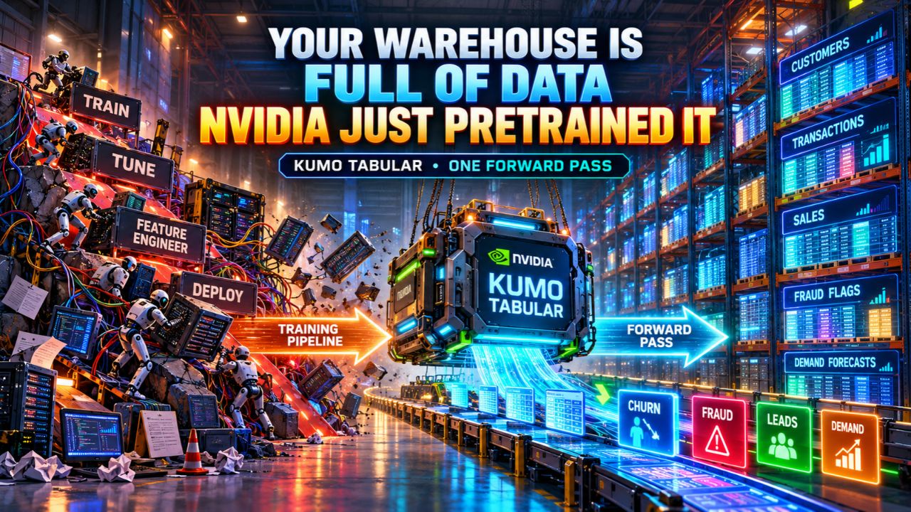Split illustration titled Your Warehouse Is Full of Data, NVIDIA Just Pretrained It, showing a tangled training pipeline of train, tune, feature engineer, and deploy steps on one side and a NVIDIA Kumo Tabular block on the other that turns a warehouse of tables into churn, fraud, lead, and demand predictions in one forward pass.