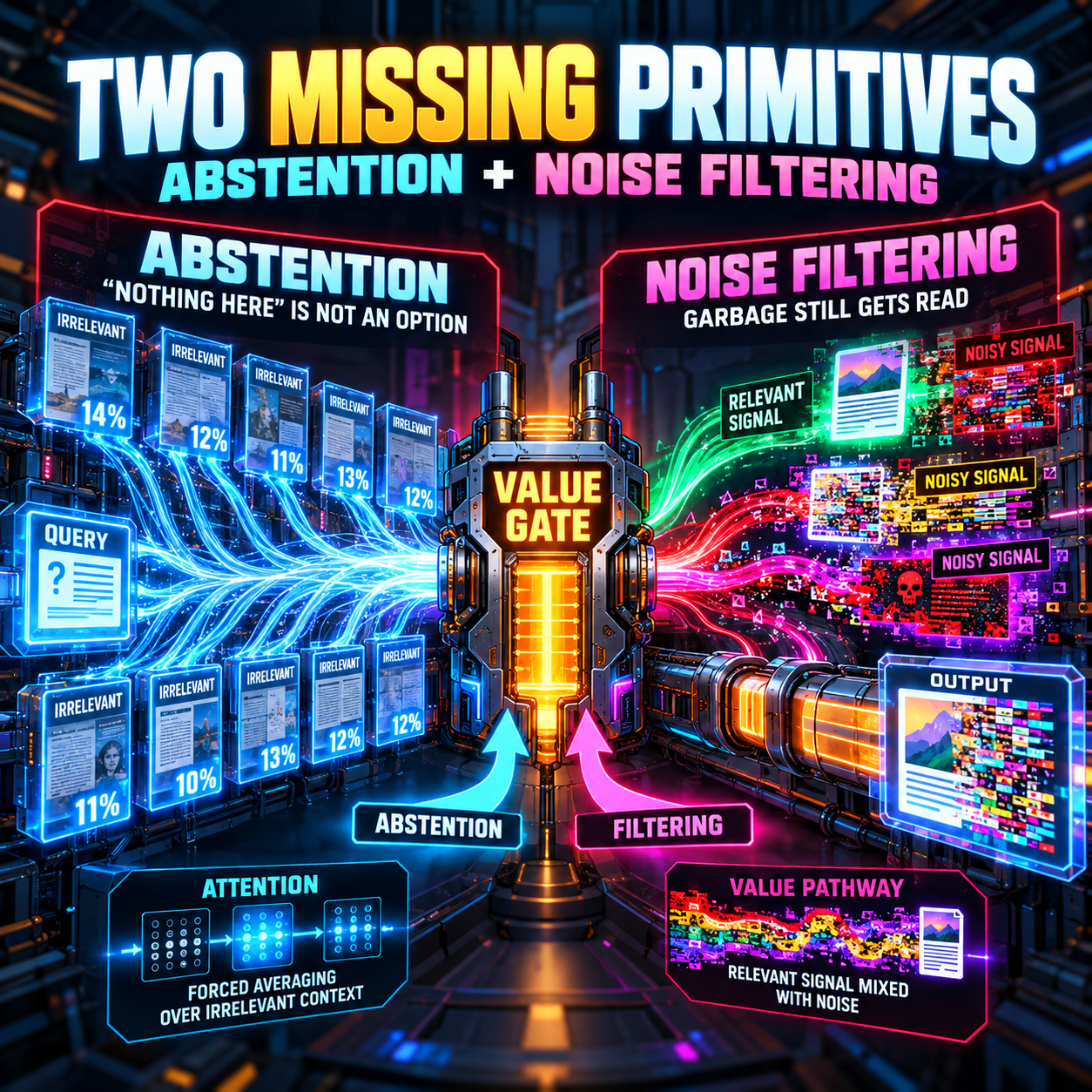 An infographic titled Two Missing Primitives: Abstention plus Noise Filtering, showing irrelevant documents averaging through softmax attention into a Value Gate labeled Abstention and Filtering, with relevant signal mixed with noise in the value pathway output.