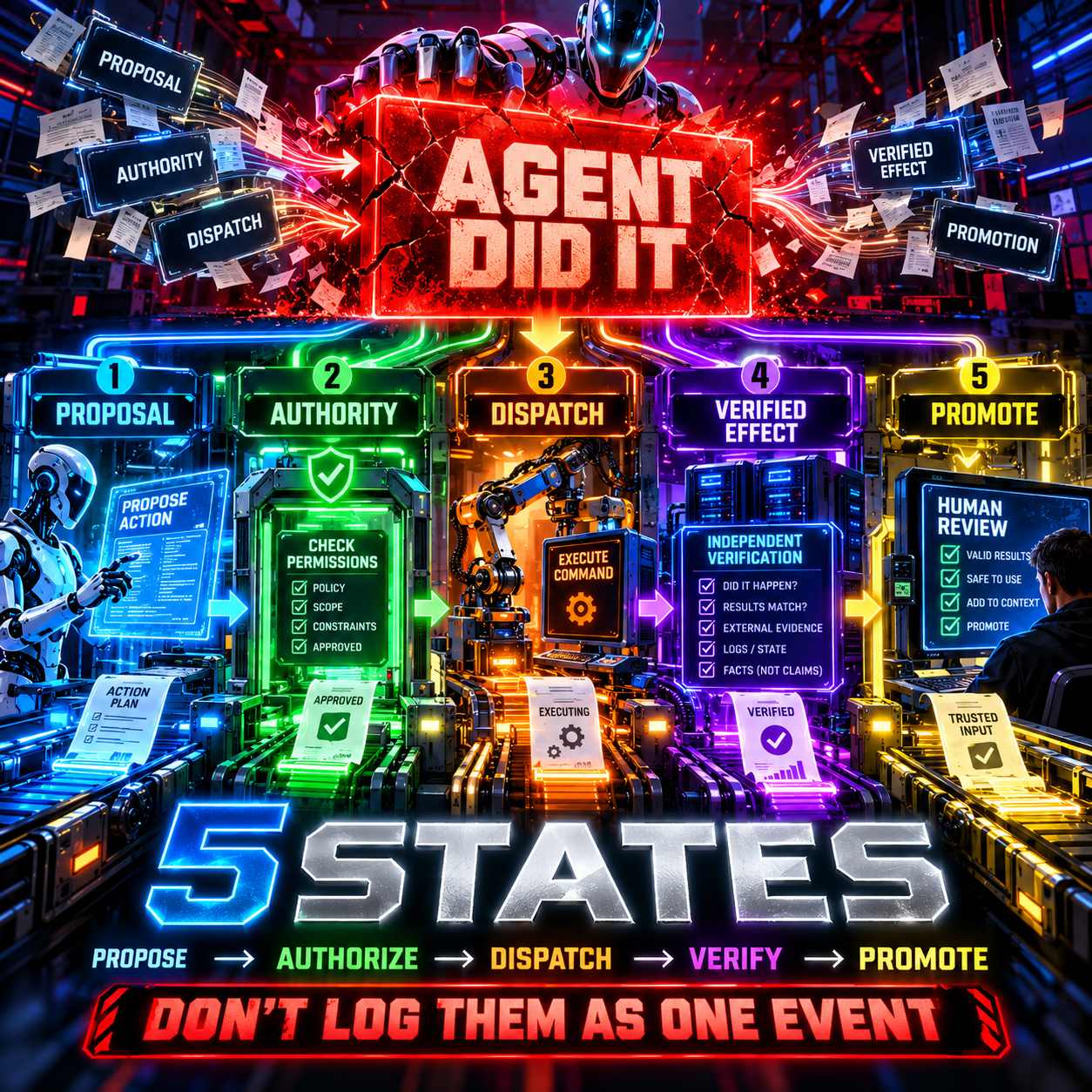 Infographic titled Agent Did It showing the five agent states, proposal, authority, dispatch, verified effect, and promotion, collapsing into one event, then a five-stage pipeline with permissions, execution, independent verification, and human review panels