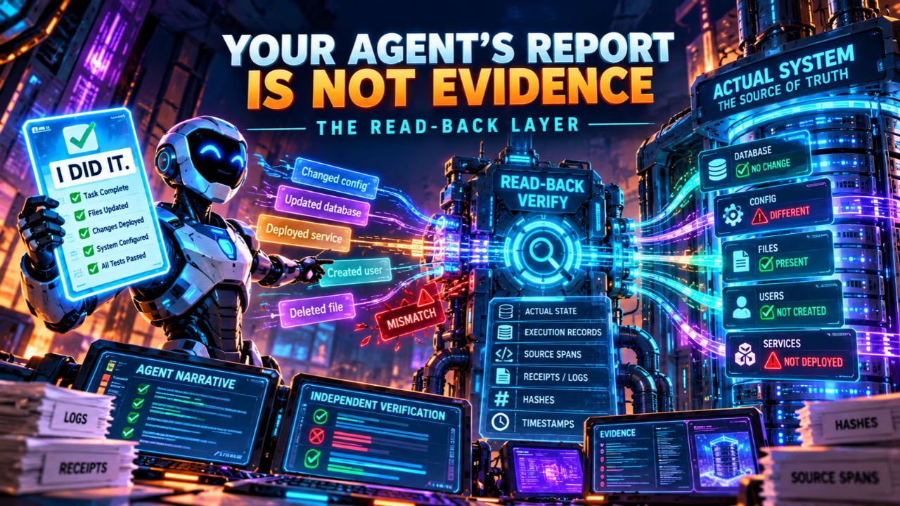 Illustration of a robot holding a checklist labeled I Did It, beside a read-back verify panel and a source-of-truth system panel showing actual state, receipts, logs, hashes, and timestamps, titled Your Agent's Report Is Not Evidence