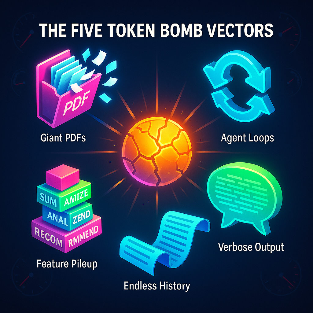 Token cost explosion diagram showing five cost vectors