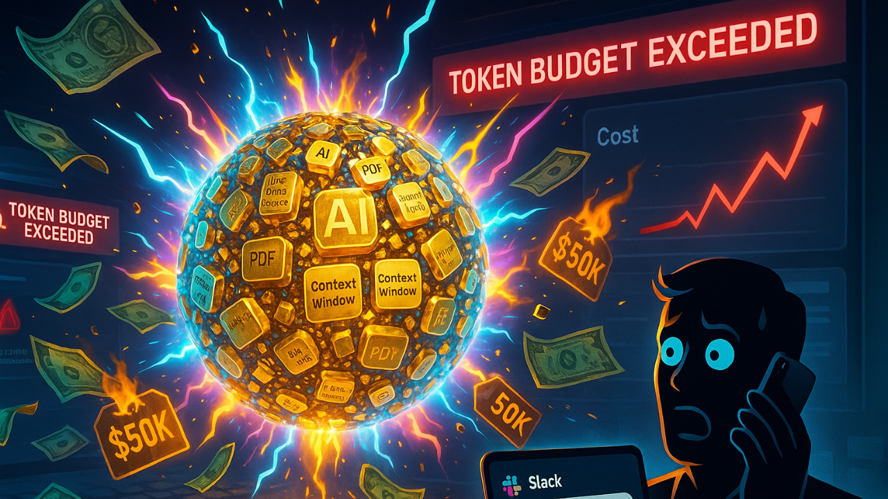 AI token cost explosion concept - financial bomb with digital tokens