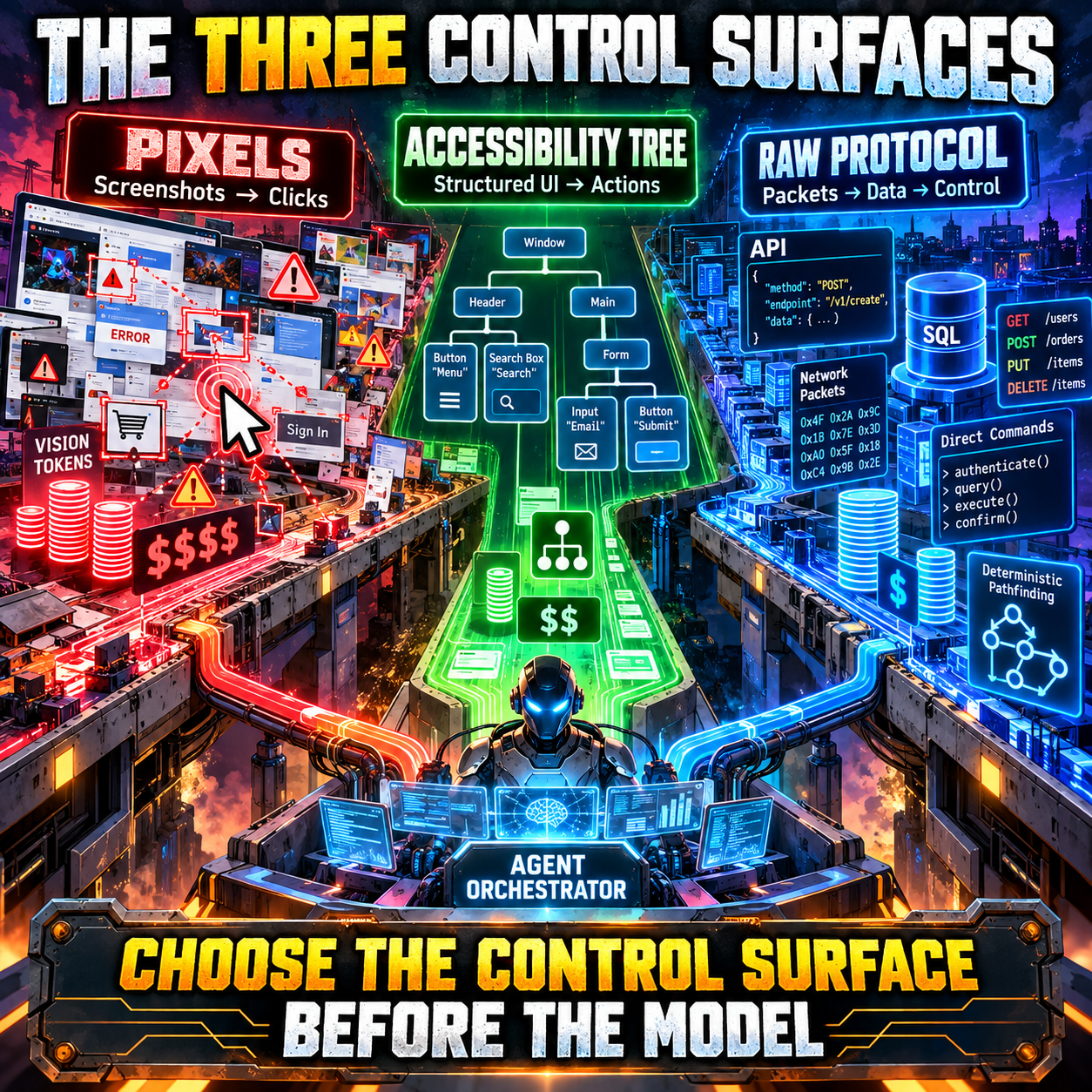Infographic titled The Three Control Surfaces comparing pixels (screenshots to clicks), the accessibility tree (structured UI to actions), and the raw protocol (packets to data to control), with a banner reading Choose the Control Surface Before the Model