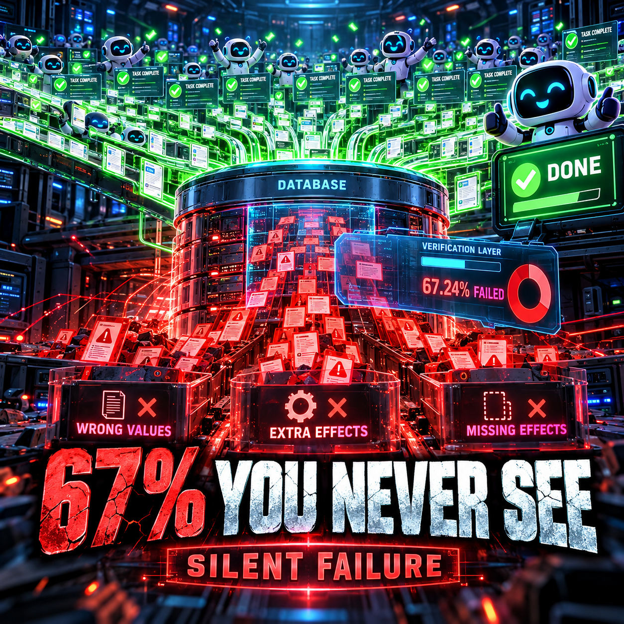 Infographic of a database cylinder where robots report TASK COMPLETE above, while a verification layer panel reads 67.24 percent failed and three output boxes read wrong values, extra effects, and missing effects, titled 67% You Never See, Silent Failure