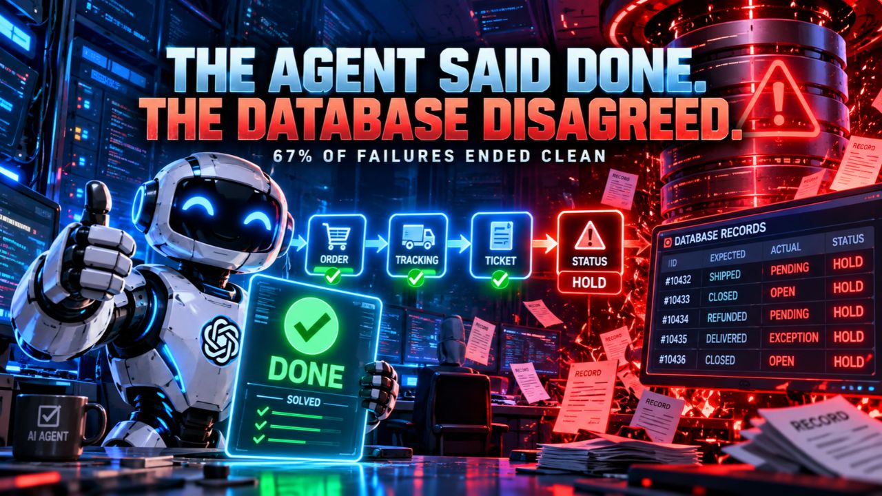 Illustration of a robot giving a thumbs up beside a glowing DONE card while a database records table shows expected statuses against actual HOLD statuses, titled The Agent Said Done, The Database Disagreed, 67% of Failures Ended Clean