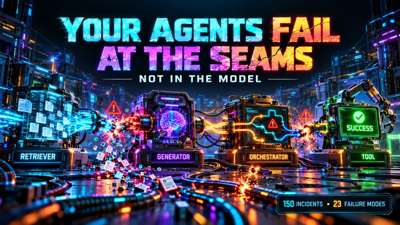 Cyberpunk illustration titled Your Agents Fail at the Seams, Not in the Model, showing a Retriever, Generator, Orchestrator, and Tool chained by glowing cables that spark at every connection, with a badge reading 150 incidents and 23 failure modes