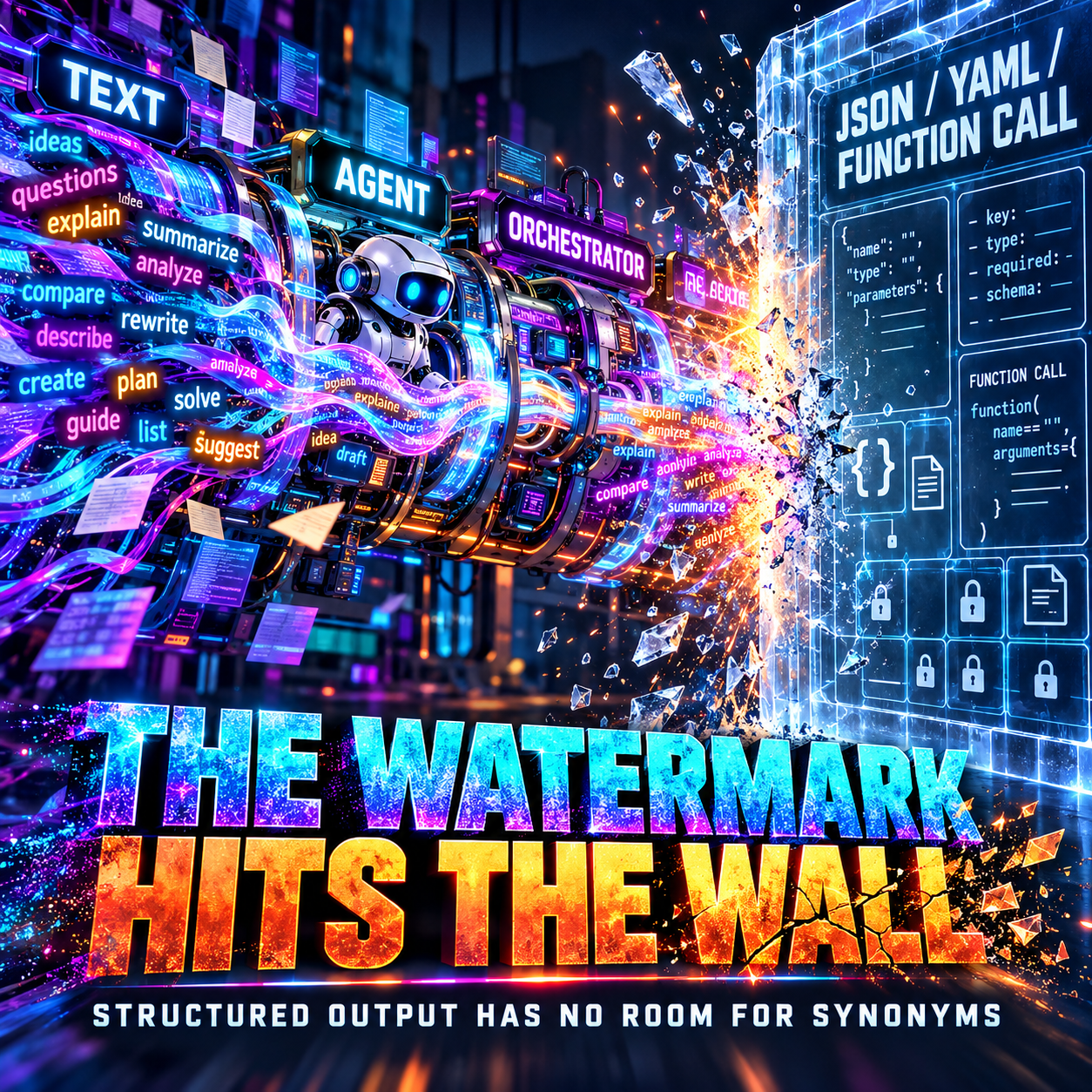 Cyberpunk infographic titled The Watermark Hits the Wall, showing an agent and an orchestrator channeling free-text word choices such as ideas, questions, explain, summarize, and compare into a JSON, YAML, and function-call schema wall where the watermark shatters, captioned structured output has no room for synonyms