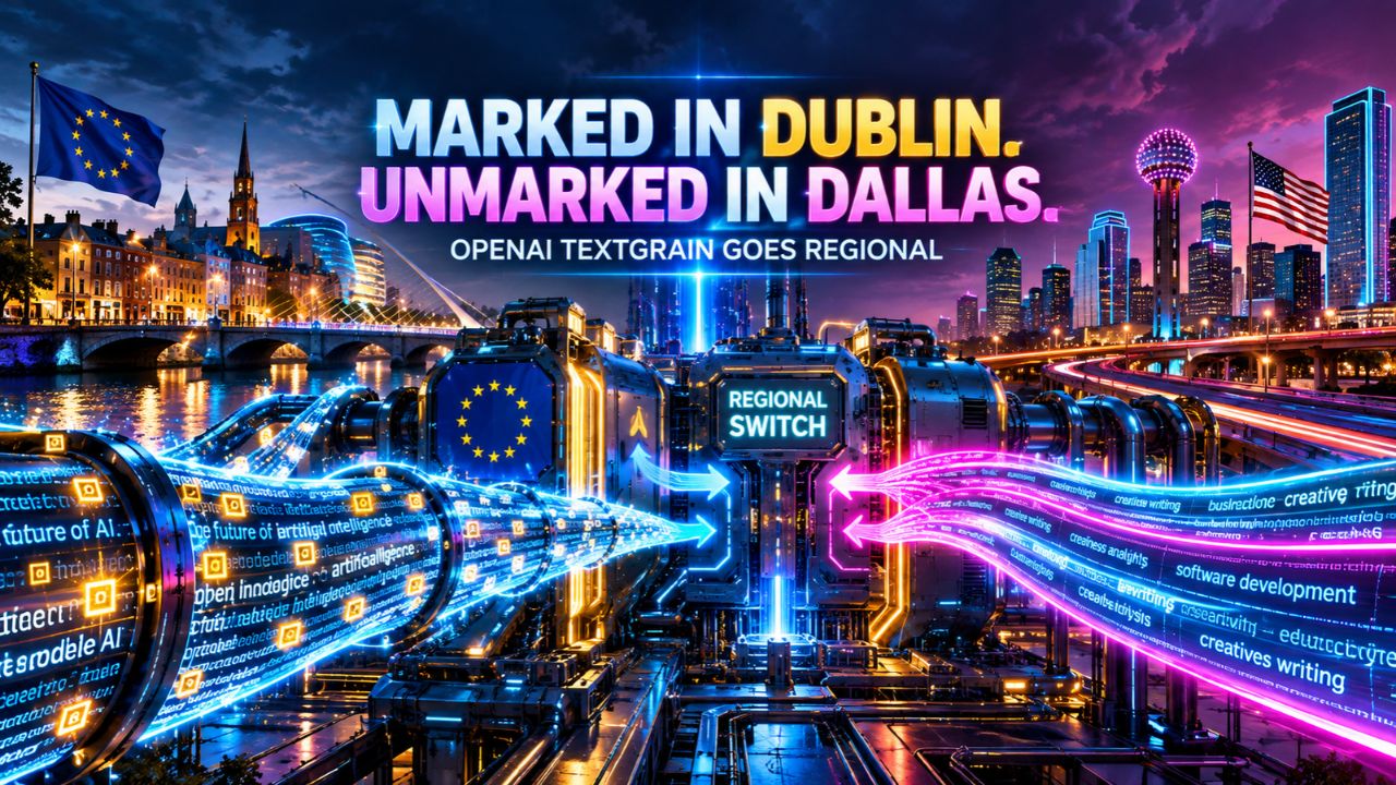 Cyberpunk split-scene illustration titled Marked in Dublin, Unmarked in Dallas, with the EU flag and Dublin skyline on one side and the US flag and Dallas skyline on the other, both feeding into a glowing Regional Switch, subtitled OpenAI textGrain goes regional