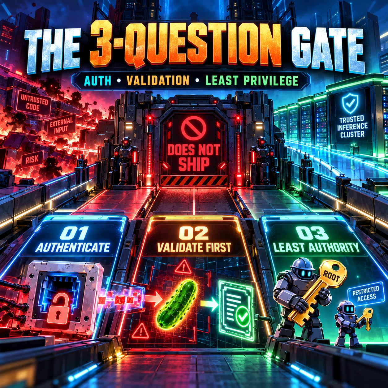 Cyberpunk infographic titled The 3-Question Gate, subtitled Auth, Validation, Least Privilege, showing three gates: 01 Authenticate with a padlock, 02 Validate First with a pickle transforming into a validated document, and 03 Least Authority with a root key held by a robot, all leading to a Does Not Ship barrier and a Trusted Inference Cluster