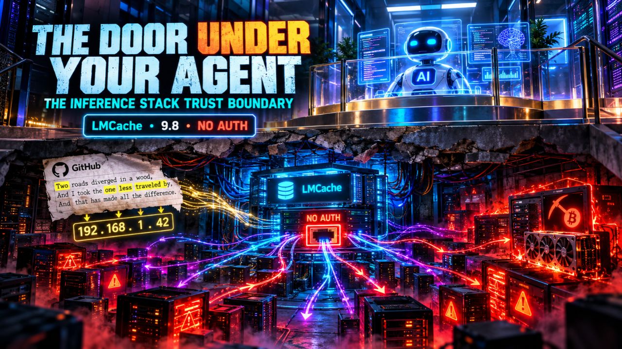 Cyberpunk split scene titled The Door Under Your Agent, subtitled The Inference Stack Trust Boundary, with an AI robot and control room above and a cracked subfloor exposing an LMCache server marked NO AUTH, red crypto mining rigs, and a GitHub poem that resolves to the IP address 192.168.1.42
