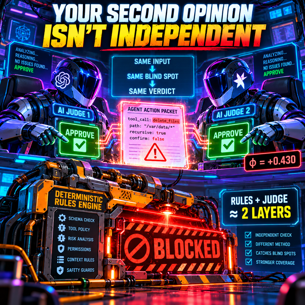 Cyberpunk infographic titled Your Second Opinion Is Not Independent showing two AI judges both approving a malicious delete_files agent action packet with phi equals plus 0.430, while a deterministic rules engine blocks it and a panel reads Rules plus Judge is roughly 2 layers