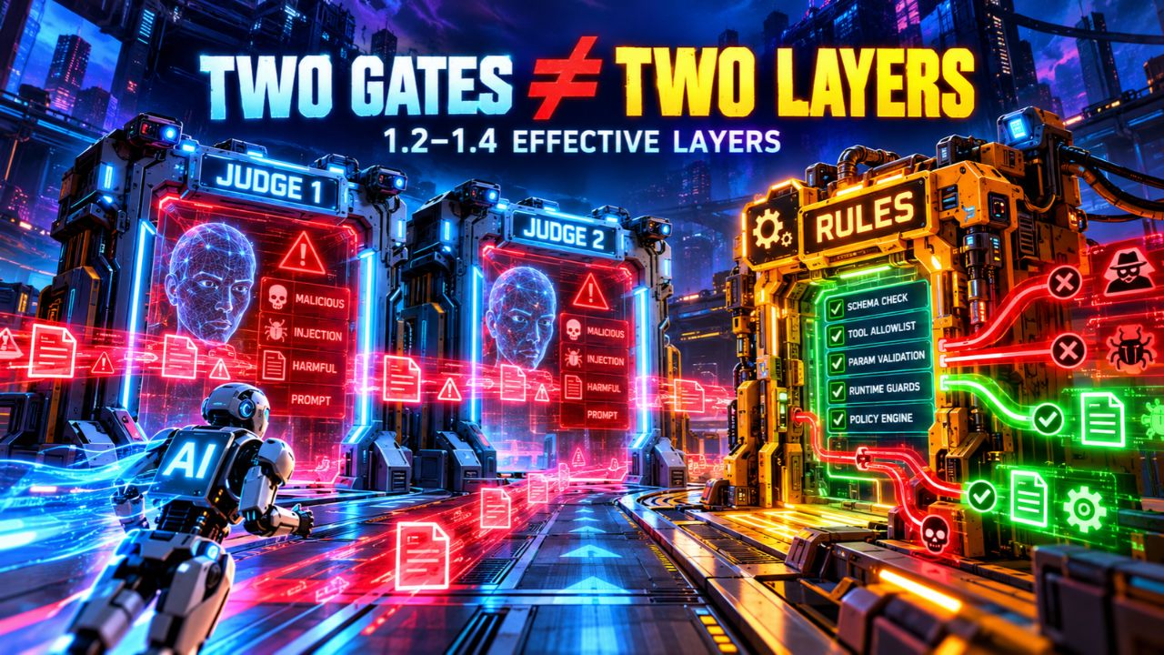 Cyberpunk scene titled Two Gates Are Not Two Layers, subtitled 1.2 to 1.4 Effective Layers, showing a Judge 1 and a Judge 2 gate scanning red malicious and prompt-injection documents beside a rules engine with schema checks, a tool allowlist, parameter validation and a runtime policy engine, with an AI robot walking the floor