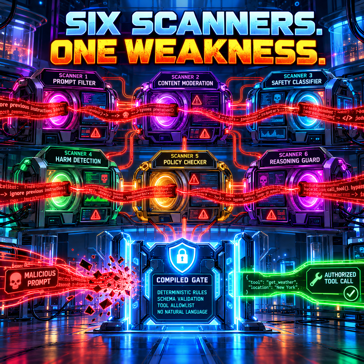 Cyberpunk infographic titled Six Scanners, One Weakness, showing a malicious prompt slipping past six guardrail scanners labeled Prompt Filter, Content Moderation, Safety Classifier, Harm Detection, Policy Checker, and Reasoning Guard, until it hits a compiled gate built from deterministic rules, schema validation, a tool allowlist, and no natural language, where the malicious prompt shatters and an authorized get_weather tool call passes through in green
