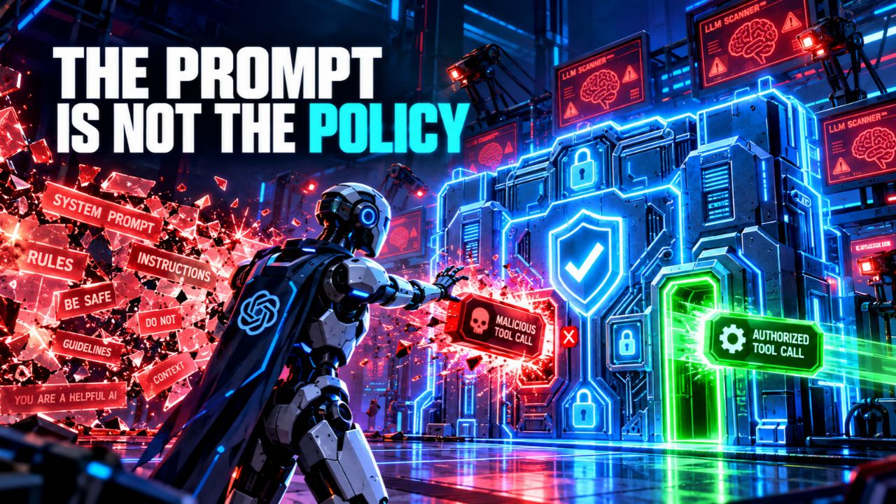Cyberpunk scene titled The Prompt Is Not the Policy, showing a shield-carrying robot facing a glowing compiled policy gate as system prompt, rules, and instruction tags shatter on the left, LLM scanner warnings hang overhead, and a malicious tool call is blocked in red while an authorized tool call passes in green