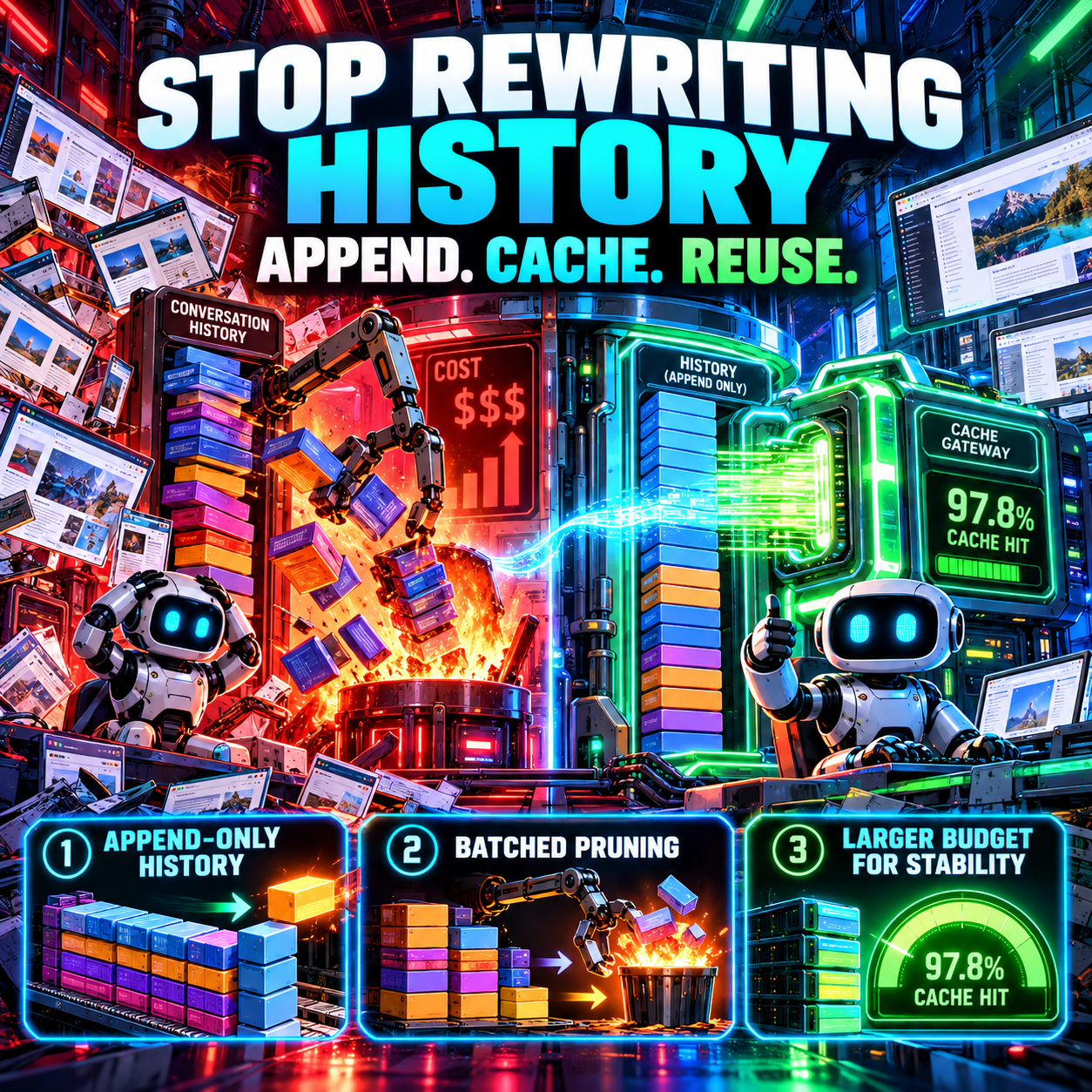 Cyberpunk infographic titled Stop Rewriting History with the line Append. Cache. Reuse., showing conversation history being dumped into a fire as a red cost readout climbs on the left while an append-only history flows into a green cache gateway reading 97.8 percent cache hit on the right, above three panels labeled append-only history, batched pruning, and larger budget for stability