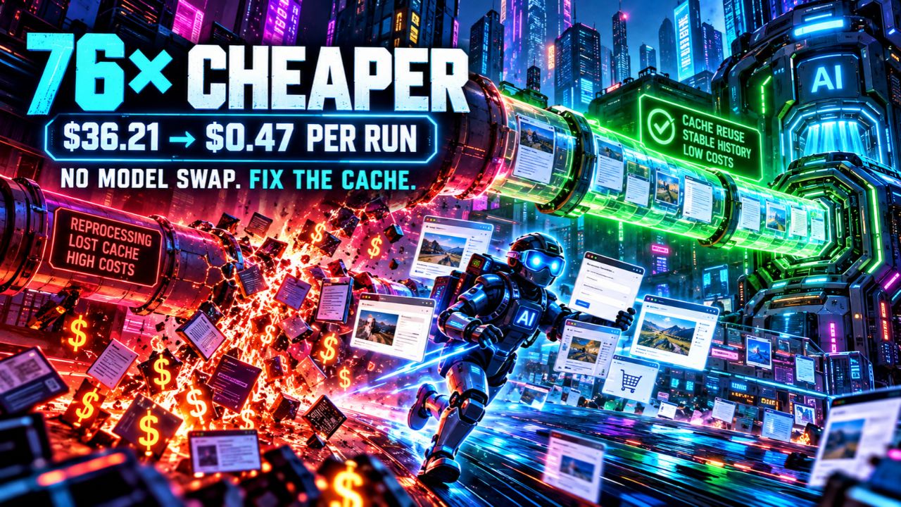 Cyberpunk scene titled 76x Cheaper with the line $36.21 to $0.47 per run and no model swap, fix the cache, showing a browser agent robot running through a neon city between a red pipe labeled reprocessing, lost cache, high costs that scatters burning web pages and dollar signs, and a green-glowing conduit labeled cache reuse, stable history, low costs feeding pages into an AI node