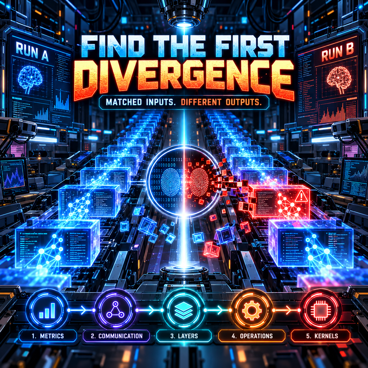 Cyberpunk infographic titled Find the First Divergence, Matched Inputs, Different Outputs, showing two training runs labeled Run A in blue and Run B in red meeting at a split fingerprint, above a five-rung capture ladder labeled 1. Metrics, 2. Communication, 3. Layers, 4. Operations, and 5. Kernels