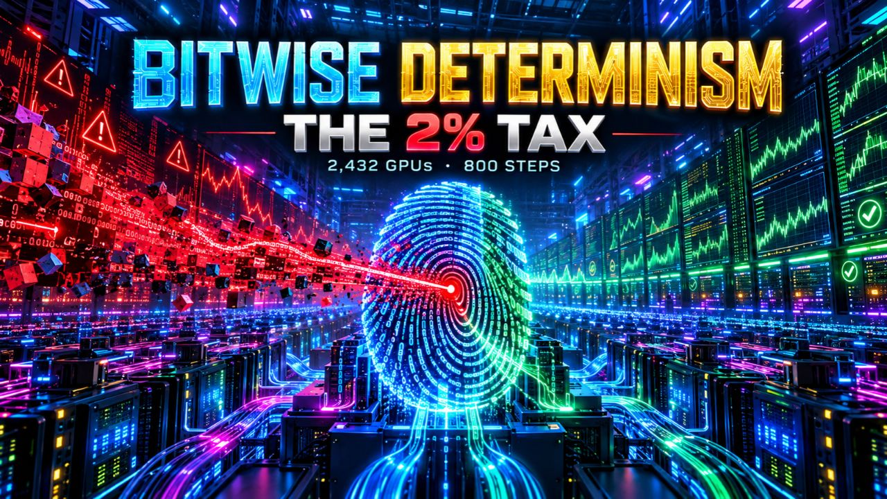Cyberpunk data center scene titled Bitwise Determinism, The 2% Tax, 2,432 GPUs, 800 Steps, with a glowing fingerprint at the center, a red stream of failing data and warning triangles on the left and a green stream of passing checks on the right, all above rows of glowing GPU server racks