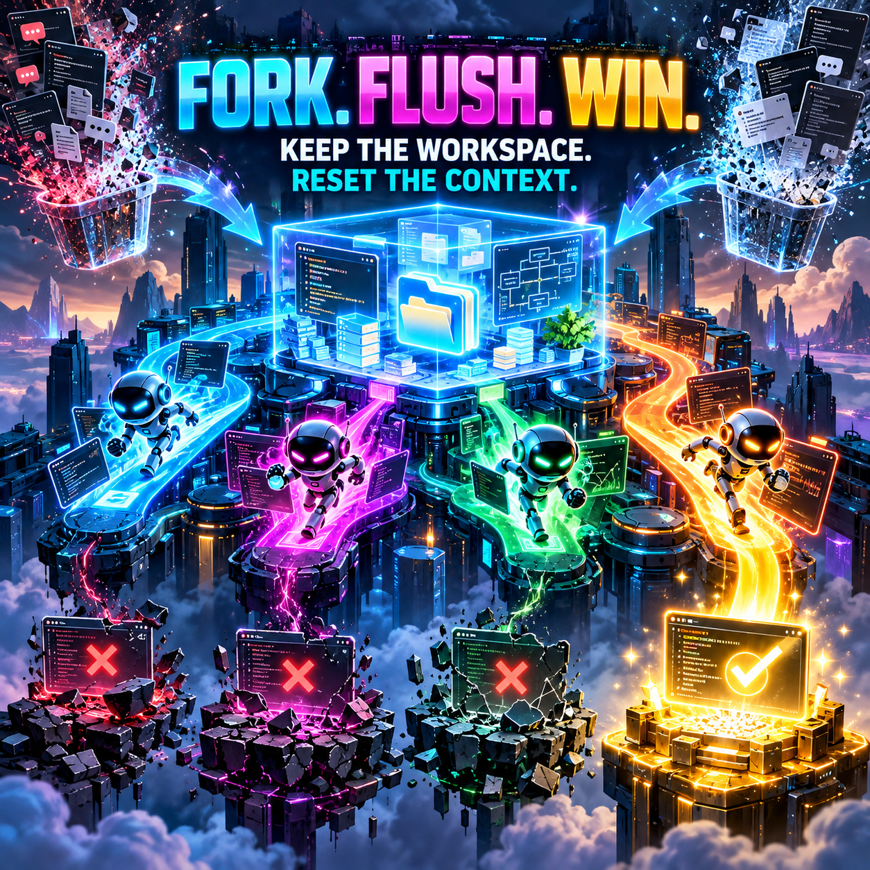 Illustration titled Fork. Flush. Win. showing a central glowing workspace cube of files and code blocks feeding four neon paths, each traveled by a robot, with three paths ending in red X markers and the fourth ending in a glowing checkmark