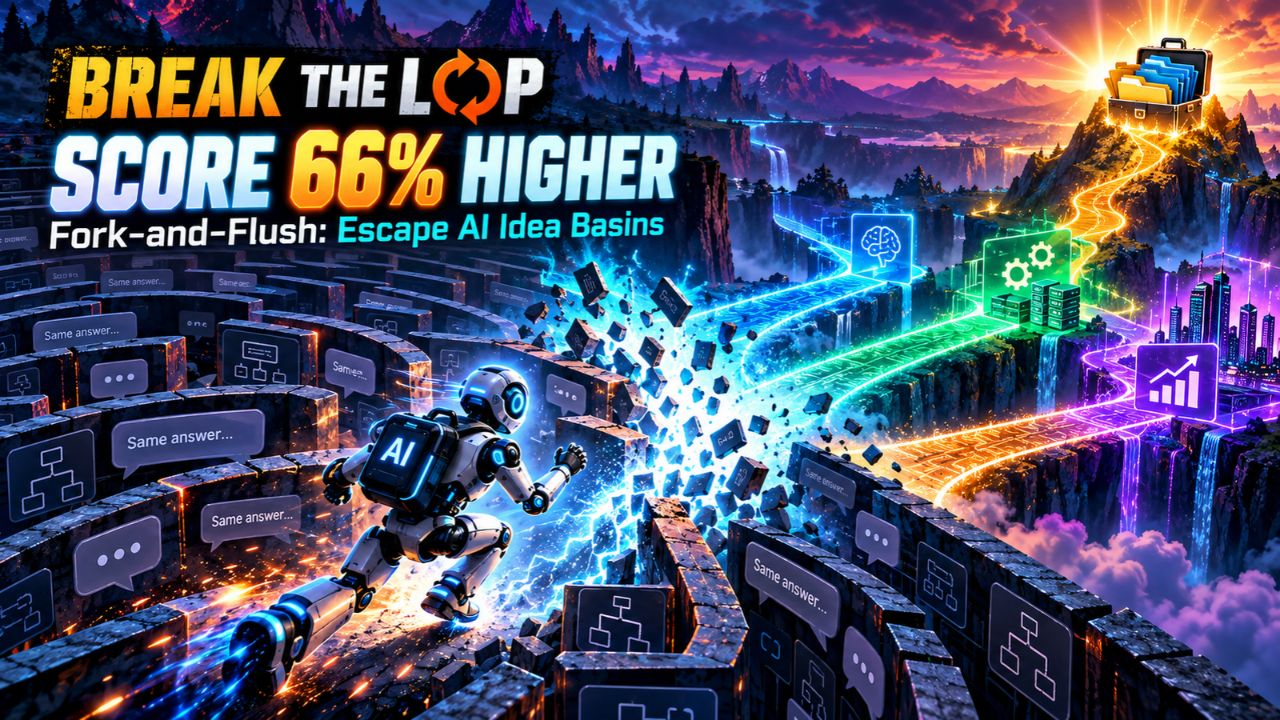 Cyberpunk illustration titled Break the Loop, Score 66% Higher, Fork-and-Flush: Escape AI Idea Basins, showing a robot smashing out of a stone maze whose walls are covered in repeated Same answer chat bubbles, toward a glowing neon path climbing to a lit city and a briefcase on a peak