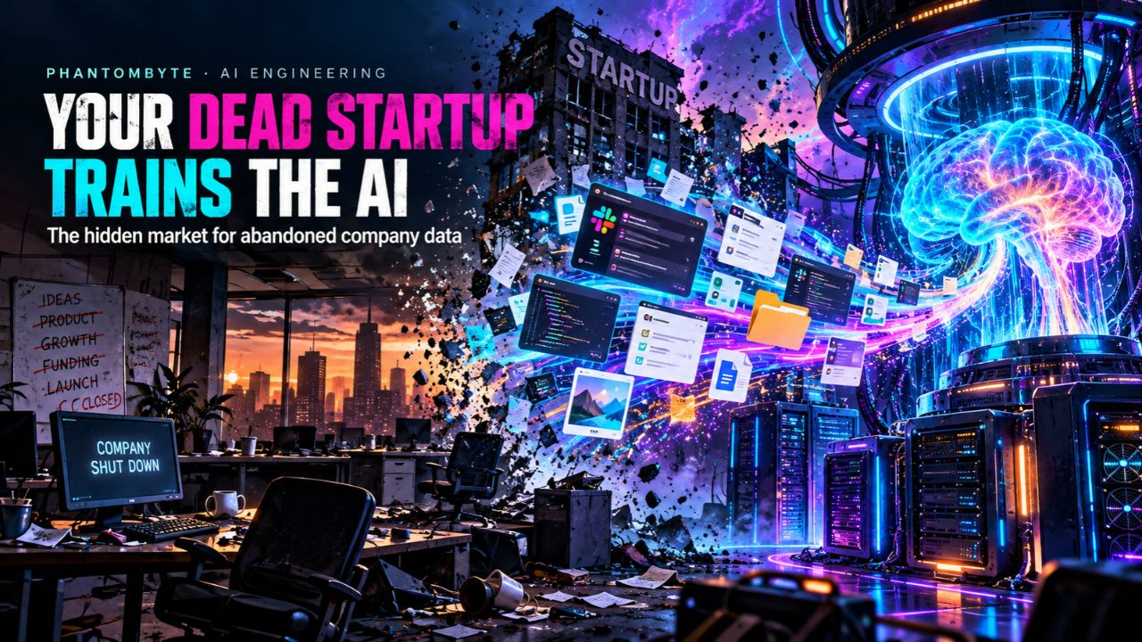 Cyberpunk illustration titled Your Dead Startup Trains the AI, showing an abandoned office with a monitor reading Company Shut Down and a whiteboard of crossed-out startup goals, while floating code windows, chat threads, and documents stream into a glowing neural brain inside racks of data center servers
