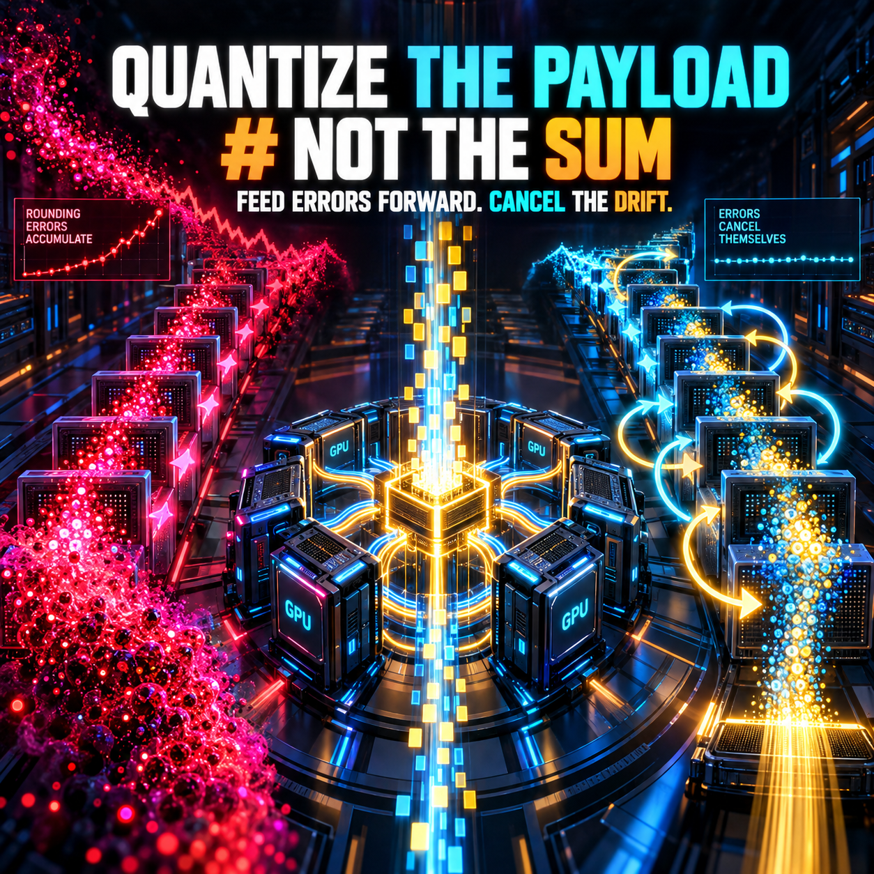 Square infographic titled Quantize the Payload, Not the Sum, with the line Feed Errors Forward, Cancel the Drift, showing GPU modules wired to a glowing central hub, a red graph labeled Rounding Errors Accumulate beside a red data stream and a blue graph labeled Errors Cancel Themselves beside looping arrows that feed each error back into the collective