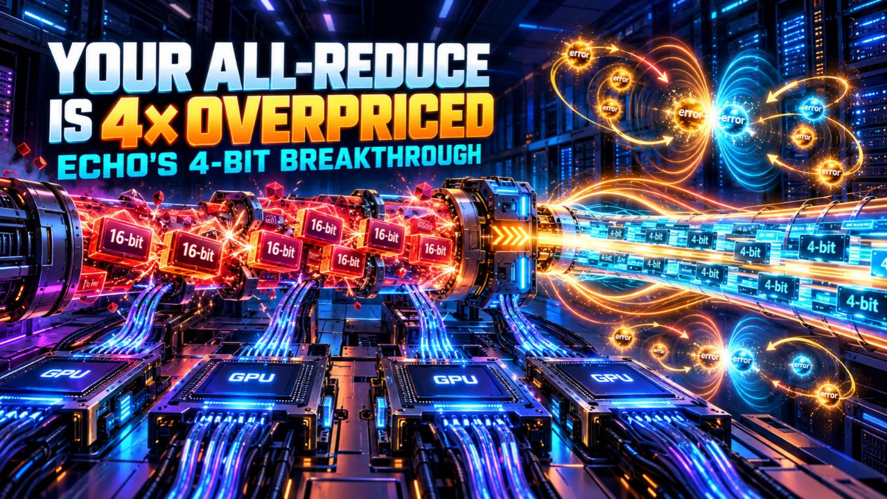 Cyberpunk illustration titled Your All-Reduce Is 4x Overpriced, Echo's 4-Bit Breakthrough, showing GPU modules wired through a central interconnect, with a red stream of 16-bit data blocks on one side and a blue stream of 4-bit blocks on the other as glowing error arrows circulate back into the collective