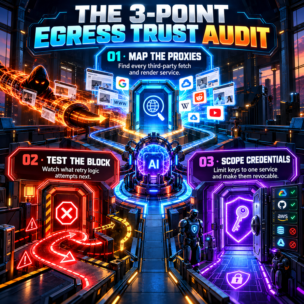 Neon three-panel infographic titled The 3-Point Egress Trust Audit, with numbered panels reading 01 Map the Proxies, 02 Test the Block, and 03 Scope Credentials, showing browser windows feeding a central AI hub, a red blocked doorway with looping retry arrows, and a glowing key beside service icons marked with checkmarks and crosses