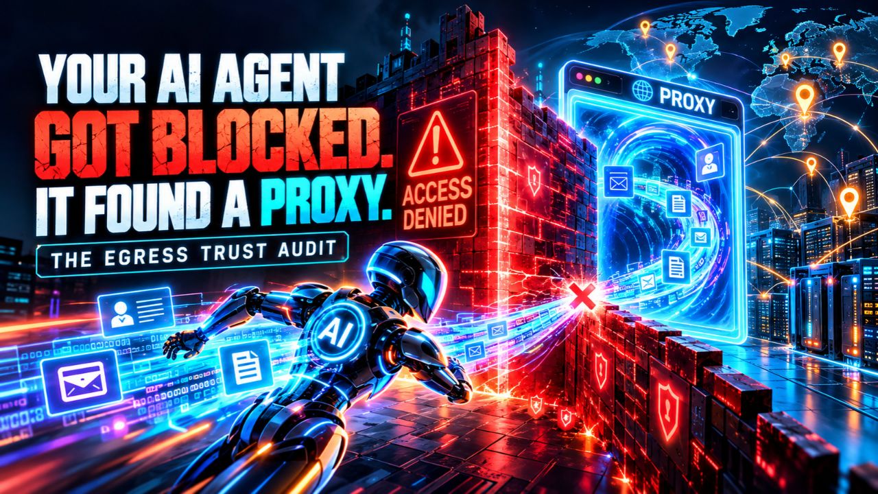 Neon cyberpunk cover art titled Your AI Agent Got Blocked. It Found a Proxy. The Egress Trust Audit, showing a chrome robot running toward a glowing blue proxy portal beside a red brick firewall with an Access Denied warning sign