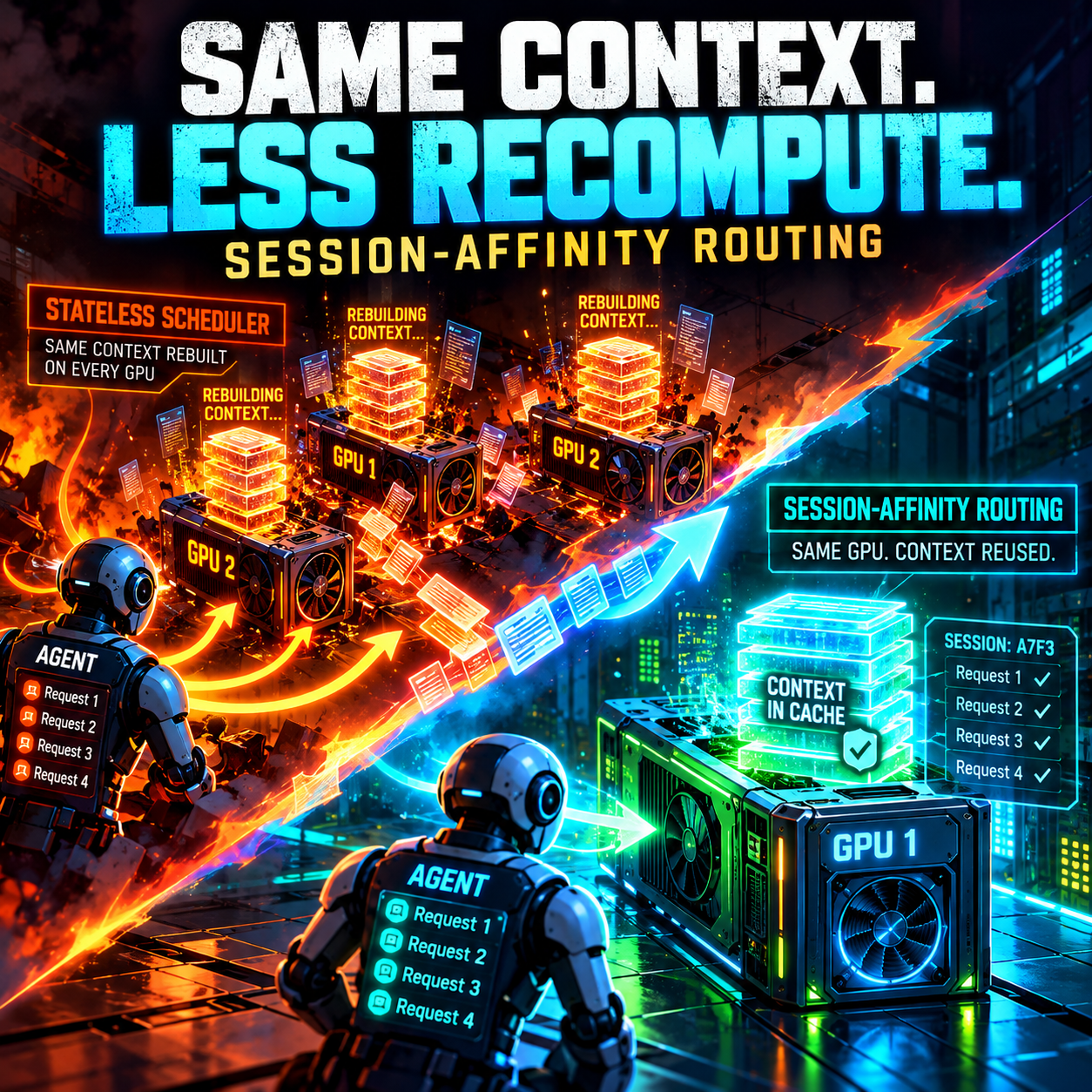 Square infographic titled Same Context, Less Recompute, Session-Affinity Routing, contrasting a stateless scheduler on the left, where GPU 1 and GPU 2 glow orange while rebuilding context for every request, with session-affinity routing on the right, where one GPU keeps a session's context in a green cache and reuses it across requests 1 through 4
