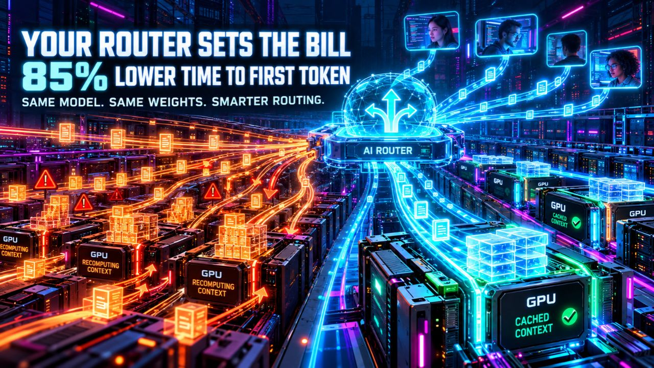 Neon AI data center cover art titled Your Router Sets the Bill, 85% Lower Time to First Token, showing a central AI Router routing glowing data streams from agents to a bank of GPUs, with the left half lit orange and labeled GPU recomputing context and the right half lit cyan and labeled GPU cached context