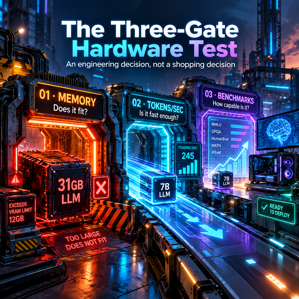 Square neon infographic titled The Three-Gate Hardware Test, an engineering decision not a shopping decision, showing three gates in a row: 01 Memory asking does it fit, where a 31GB LLM is blocked by a red exceeds VRAM limit 12GB warning; 02 Tokens/sec asking is it fast enough, where a 7B LLM passes at 245 tokens per second; and 03 Benchmarks asking how capable is it, with MMLU, GPQA, HumanEval, MATH and IFEval bars leading to a ready to deploy sign